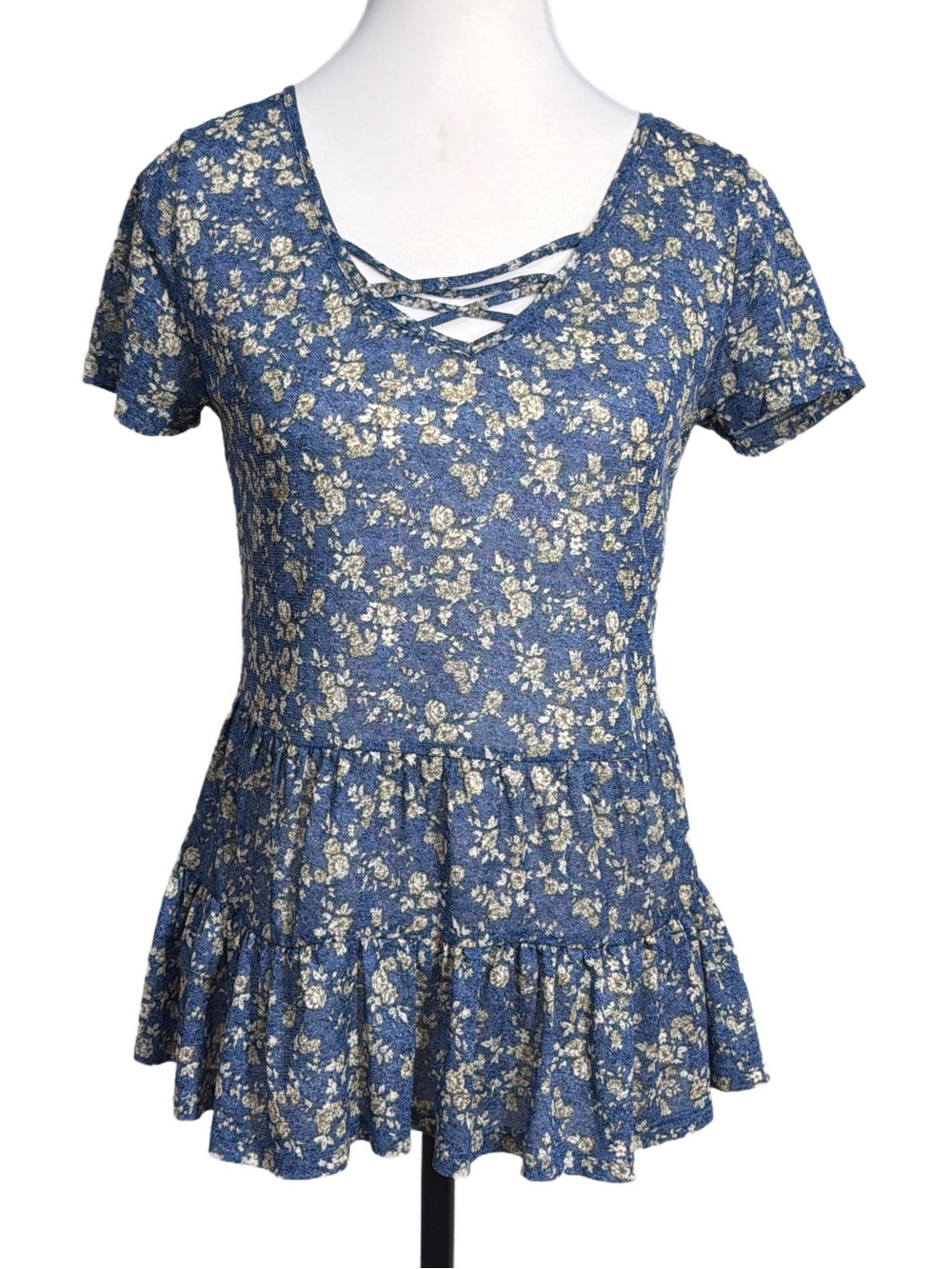 NAIF Blue Cream Floral Peplum Short-Sleeve Top